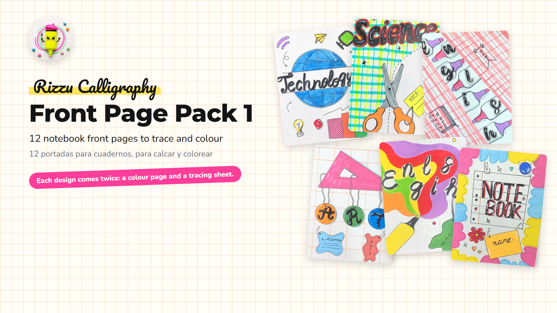 Front Page Pack 1 cover showing several finished notebook front pages